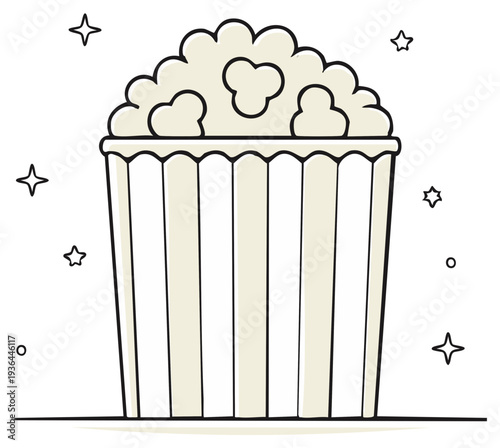 Vector illustration of a stylized popcorn bucket filled with popcorn, surrounded by stars