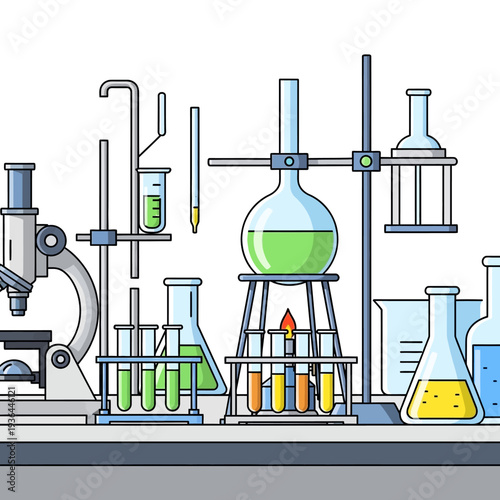 Laboratory equipment, microscope, beakers, test tubes, and flasks with colorful liquids on a table