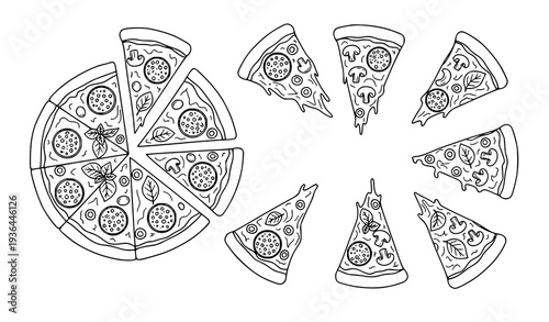 Simple doodle pizza slices and whole pizza outline vector illustration set with hand drawn food icons