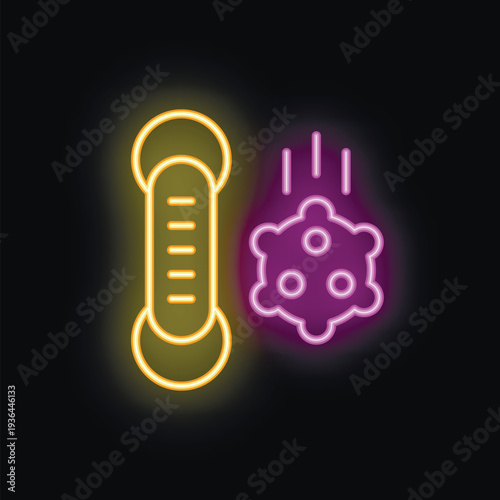 Neon icon of thermometer showing decreasing virus contamination level