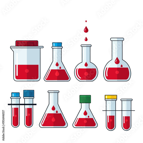 Laboratory glassware with red liquid, medical research, science, chemistry, blood samples