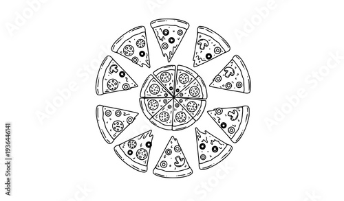 Cute doodle pizza slices and whole pizza outline vector illustration simple hand drawn food set