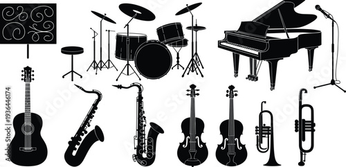 Black silhouette set of musical instruments including grand piano, drum kit, guitar, saxophone, violin, trumpet and microphone for orchestra