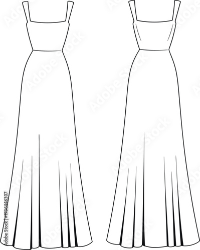 Flat, technical, fashion, sketch, of, women, sleeveless, maxi, dress, front, and, back, view, template, outline, clothing, design, vector, illustration, gown