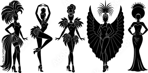 carnival dancer silhouettes collection, samba showgirl costumes set, brazil festival performers illustration, elegant cabaret dancers vector design