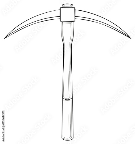 Line art illustration of a pickaxe with a wooden handle for excavation, mining or breaking up hard materials