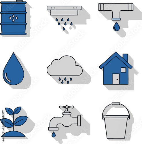 Water conservation icons depicting droplets taps barrels.