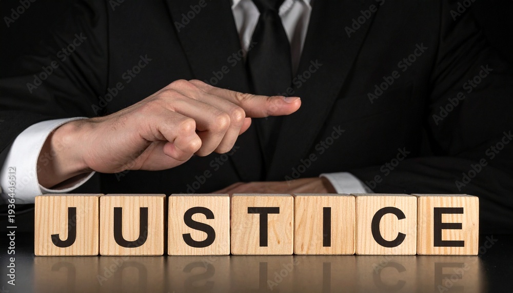 Obraz premium Businessman Pointing to Wooden Blocks Spelling Justice for Legal and Ethical Concept The businessman pointing toward the word 