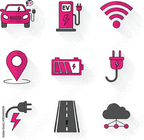 Electric Vehicle Charging Icons Set for Infrastructure.