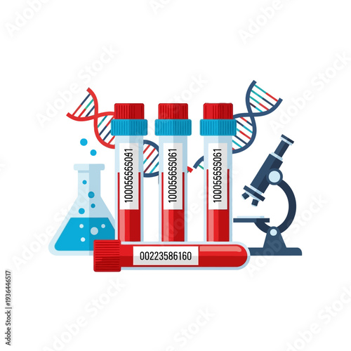 Medical Research: DNA, Blood Samples, Microscope, Flask, Laboratory Equipment