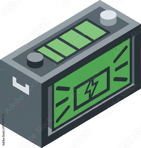 isometric illustration of green battery power cell.