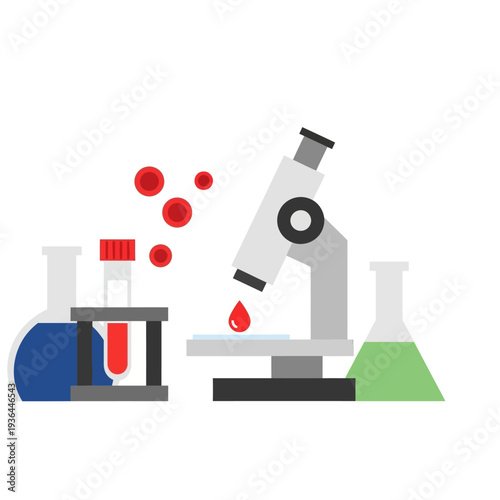 Microscope and blood cells in laboratory with test tubes and beakers, medical research