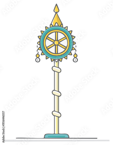 Buddhist symbol illustration of wheel of Dharma with detailed design in bright colors
