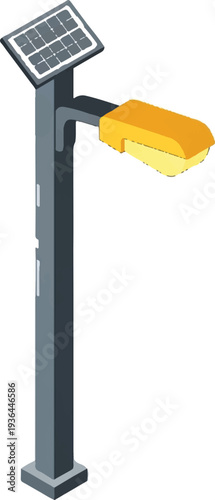 Solar powered street light with solar panel and lamp.