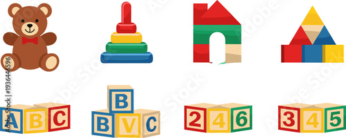 kids educational toys collection, colorful wooden blocks and teddy bear set, baby learning toys illustration, preschool play objects vector