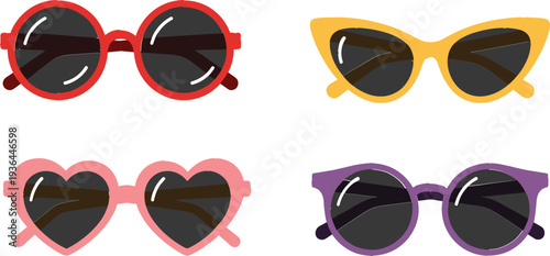 colorful cartoon sunglasses collection, stylish summer eyewear set, trendy fashion glasses illustration, retro sun glasses accessories vector design