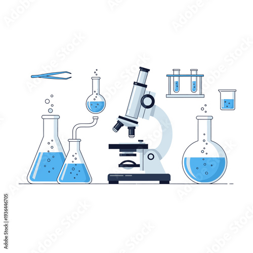 Microscope and laboratory glassware with blue liquid for scientific research and experiments
