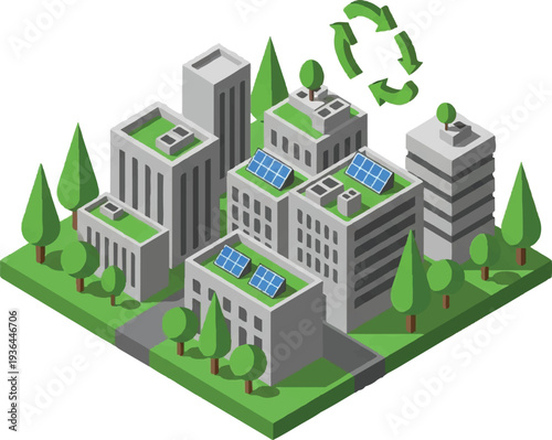 Sustainable eco city with solar rooftop panels and greenery.