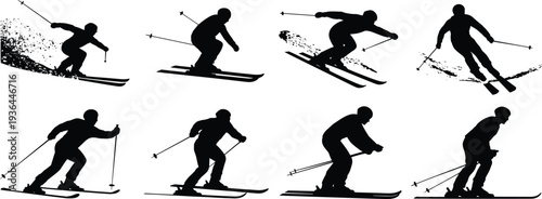 Black silhouette set of professional skiers downhill skiing, winter sports athletes in action for mountain resort and alpine  silhouette set of professional skiers downhill skiing, winter sports 