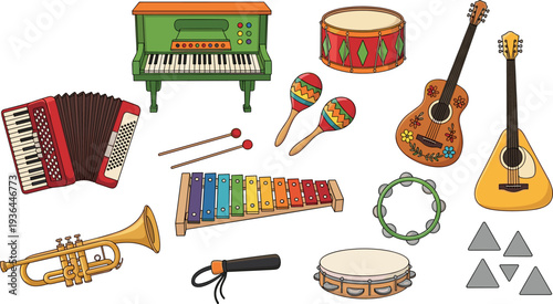 colorful cartoon musical instruments collection, piano drum maracas xylophone tambourine trumpet, kids music education illustration, playful nursery sound set isolated