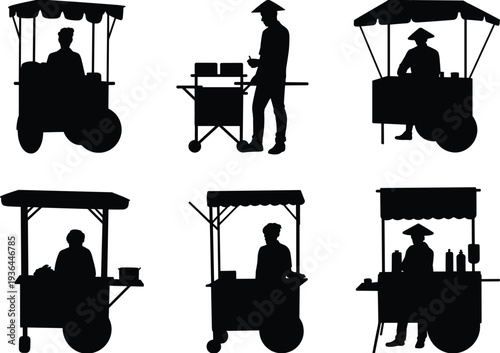 Street food vendor cart silhouette set market stall seller cooking and serving food black vector illustration isolated on white background
