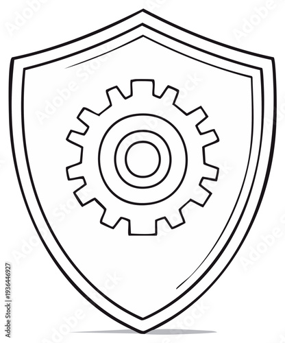 Outline drawing of a shield icon with gear, representing security and technology.