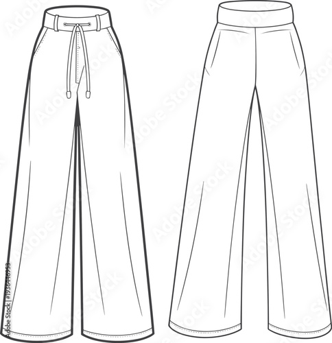 Flat, technical, fashion, sketch, of, women, wide, leg, drawstring, trousers, front, and, back, view, template, outline, clothing, design, vector, illustration