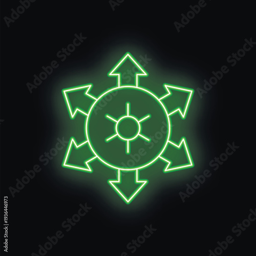 Green neon icon of decentralization is glowing on a black background