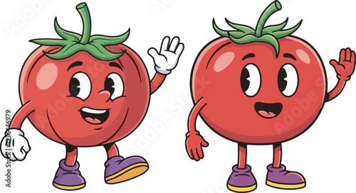 Two happy red tomato cartoon characters with faces, arms, and legs, one waving, in a retro vintage style vector illustration for food and healthy eating designs.