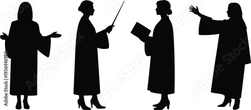 Black silhouette set of professional woman in robe, judge or teacher graduation collection, female priest or academic speaker k silhouette set of professional woman in robe, judge or teacher 