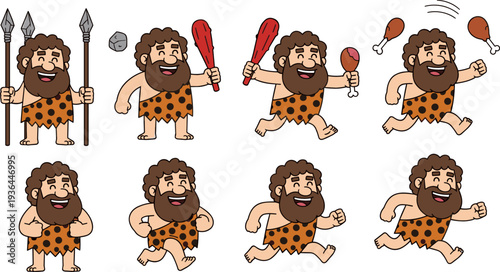 cartoon caveman character set, prehistoric stone age man actions collection, primitive hunter illustration, funny ancient human cartoon vector