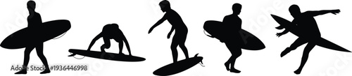 Surfer silhouettes collection with surfboard, surfing action poses set, beach water sport vector illustration isolated on white background