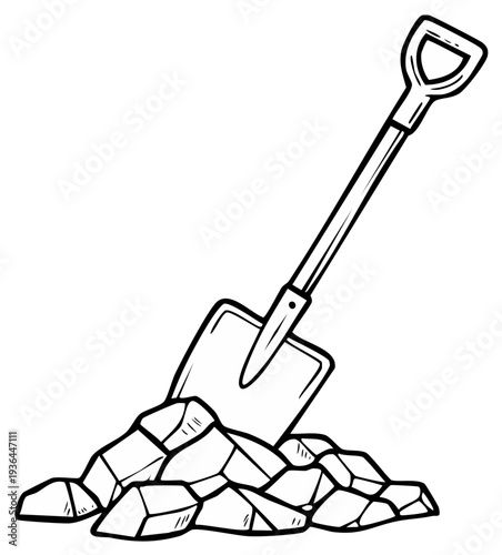 A shovel in a pile of rocks sketch illustration, digging in soil for construction or gardening isolated