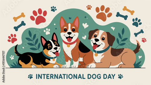 Three happy dogs celebrate international dog day with colorful paw prints and bones