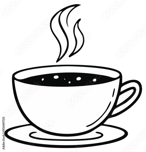 Steaming cup of coffee or tea on saucer in line art style.