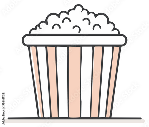 Stylized Popcorn Bucket with Stripes: Cinema Treat, Movie Night Snack, Vector Icon, Isolated Food, Delicious Fluffy Kernels, Simple Style