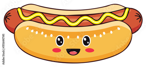 Cute Kawaii Hot Dog Character with Mustard Smiling Illustration