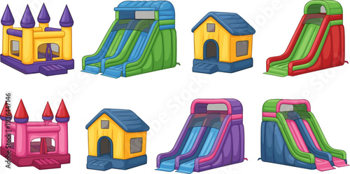 colorful inflatable bouncy castle and slide set, kids playground equipment illustration, fun jumping house, cartoon party play structures collection