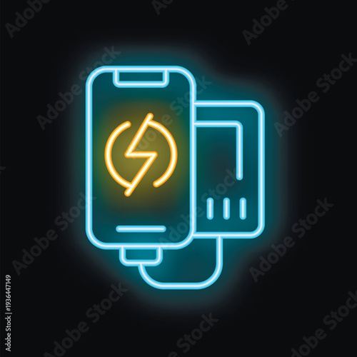 Neon glowing icon of a smartphone charging with a power bank, representing portable power solutions