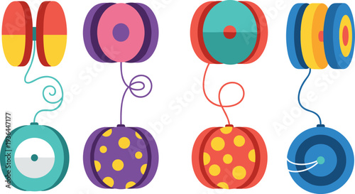 colorful yo yo toy collection, classic spinning string toy illustration, retro kids plaything set, cartoon yoyo objects isolated vector
