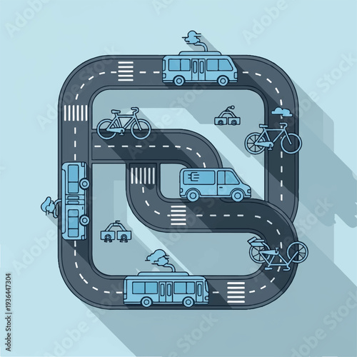 Circular road traffic with buses cars bicycles.
