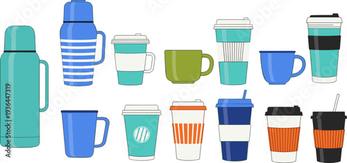 Coffee cups and thermos collection, reusable travel mug set, takeaway beverage containers illustration for cafe drink design