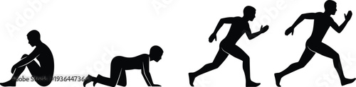 Human evolution stages silhouette from sitting to crawling to running, progress concept, growth development, fitness movement sequence isolated vector illustration