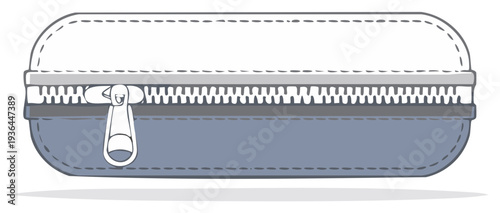 Closed Zippered Pouch with Rounded Corners in White and Blue Material Close Up View