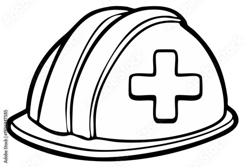 Safety hardhat illustrated in black and white, medical plus symbol, vector design for safety precautions and workplace health