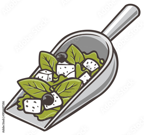 Metal scoop filled with fresh salad featuring leafy greens feta cheese and olives