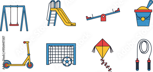 Kids playground equipment and outdoor toys collection, colorful play icons set including swing, slide, scooter, kite, football goal illustration