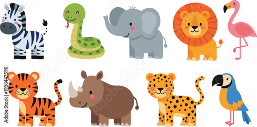 Cute jungle animal cartoon collection, colorful safari wildlife characters set including lion, elephant, zebra, tiger, snake, flamingo illustration