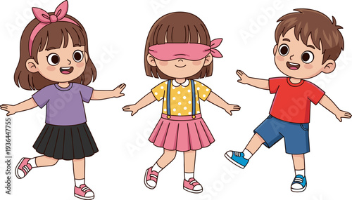 Cute kids playing blindfold game, happy children activity cartoon boys girls fun playtime vector illustration collection