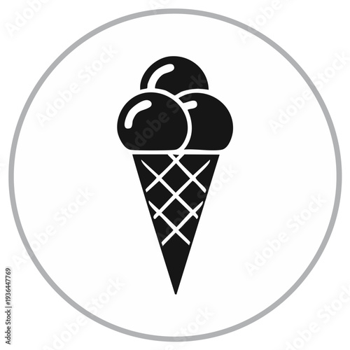 Simple graphic black and white ice cream cone with three scoops of delicious cold sweet treat